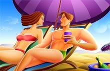 A colorful drawing of two people relaxing on the beach.
