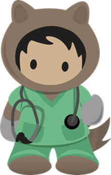 Trailhead character, Astro, dressed in scrubs to represent Health Cloud.