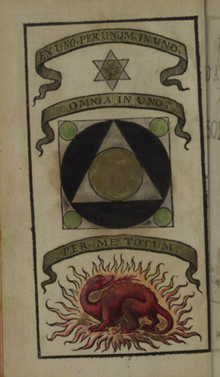 Handcoloured printed image on page of rare book with banners, a geometric ornament in black and gold and a red salamander within yellow flames.
