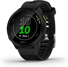 Garmin forerunner55 a black color wearable showing its features