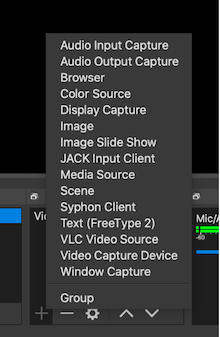 A list of input options for OBS in a popup menu.