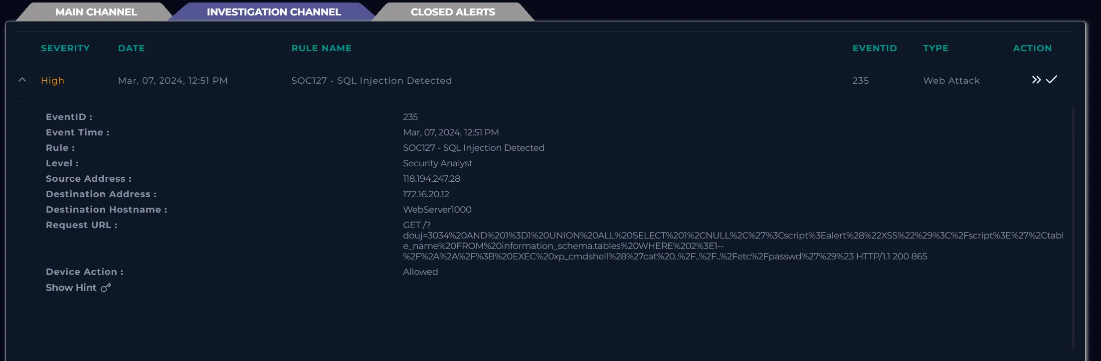 SOC127 — SQL Injection Detected WalkThrough — LetsDefend.