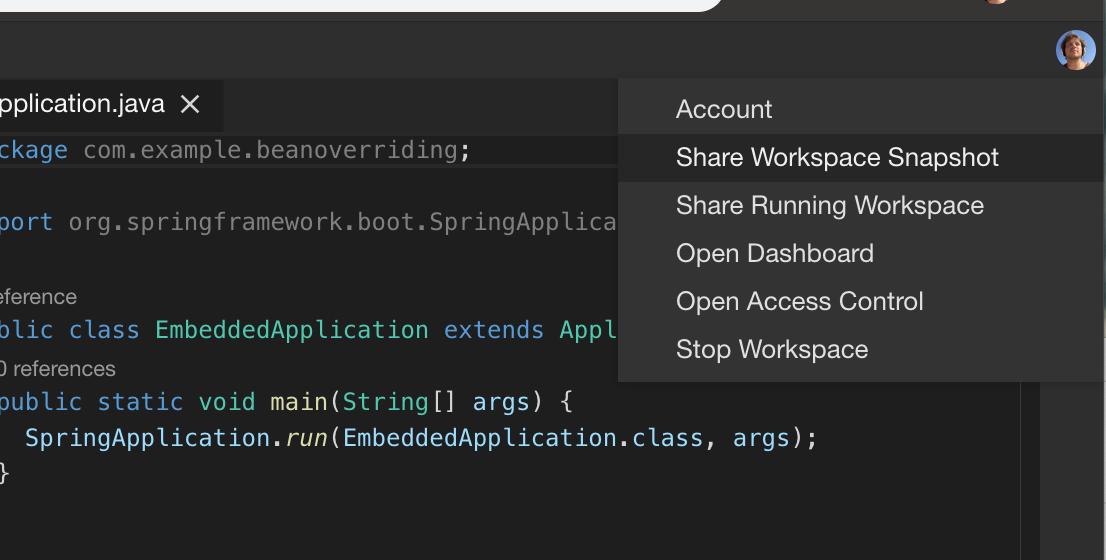 Gitpod menu share workspace snapshot