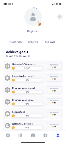 Image showing the new Goals screen in Speechify, with goals such as “Listen to 500 words”, “Import a document”, and more