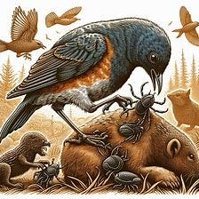 “A bird carefully removing ticks from the fur of other mammals.”