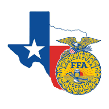 Texas Future Farmers of America Logo depicting the outline of Texas with the state flag colors and a yellow emblem with an eagle on top and an owl perched on farm tools while a red sun sets in the background.