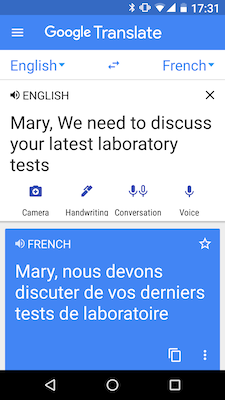 Google Translate screenshot of English to French translation about medical lab tests