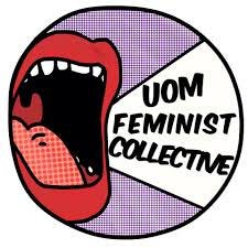 Logo: a stylised image of a mouth with red lips shouting ‘UoM Feminist Collective’