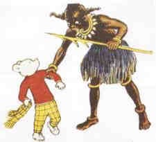 A picture of an offensive, racist caricature of a warrior capturing Rupert.
