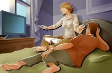 A colorful drawing of two people watching TV while in bed.