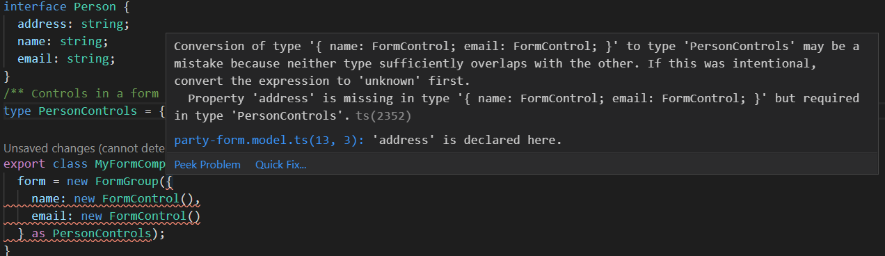 Screenshot describing an error of type: “ Property ‘address’ is missing in type ‘{ name: FormControl; email: FormControl; }’