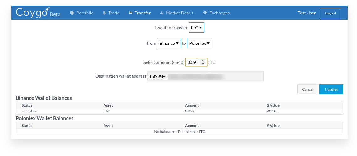 Wallet address displayed before submitting a transfer between exchanges