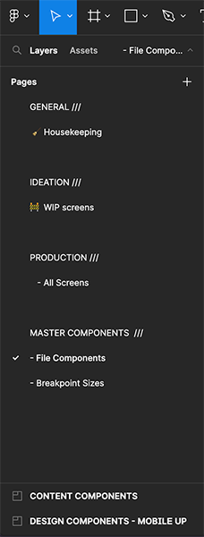This is an image that shows the left rail of Figma. It contains blank pages that act as section titles, with pages sorted under each section. The sections are “General”, “Ideation”,”Production”, and “Master Components”