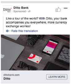 A Facebook ad translated from french, with a black and white background and colorful app and bank card.