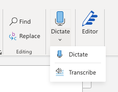 A screenshot of the Dictation menu in Word, with a Transcribe option in the expanded carrot