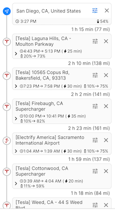 Screen shot of charging stops on a route from San Diego to Canada