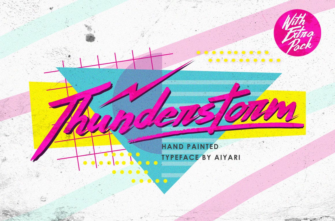 [Thunderstorm (With Extra Pack)](https://creativemarket.com/Aiyari/484029-Thunderstorm-%28With-Extra-Pack%29) By [Aiyari](https://creativemarket.com/Aiyari) in [Fonts](https://creativemarket.com/fonts)