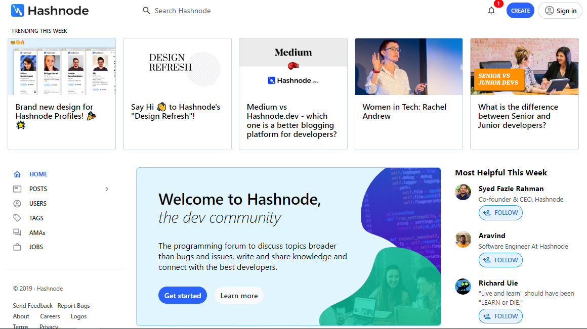 Hashnode landing page