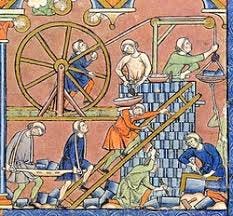 Medieval journeyman craft workers building a cathedral