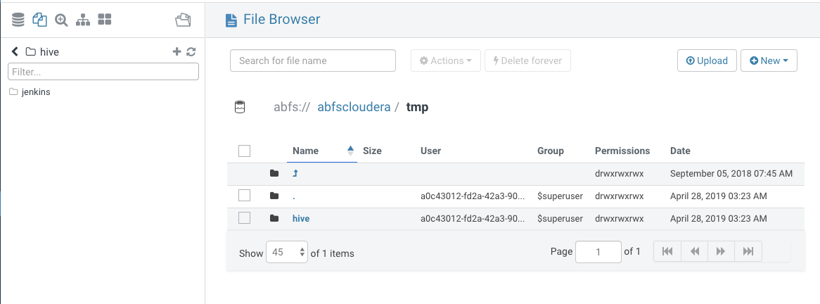 Hue’s File Browser listing an ADLS Gen2 directory
