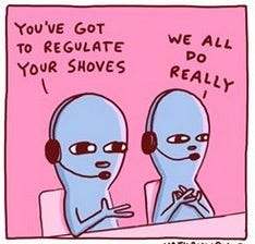 comic panel showing two aliens in sportscaster outfits talking about how you’ve got to regulate your shoves