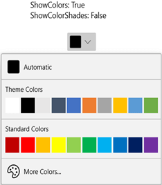 WinUI DropDown ColorPalette displaying Theme and Standard Colors