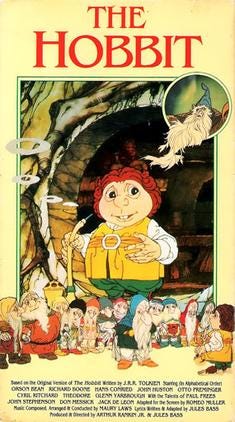The original film poster for the Rankin/Bass adaptation of The Hobbit, featuring Bilbo front and center.
