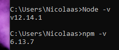 Snippet of CMD window about checking whether node and npm are installed as well as which version are installed