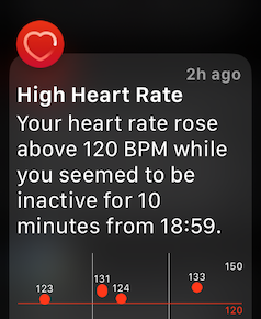 A screengrab from an Apple Watch showing the heart rate monitor app notification that states “High Heart Rate — Your heart rate rose above 120 BPM while you seemed to be inactive for 10 minutes.”