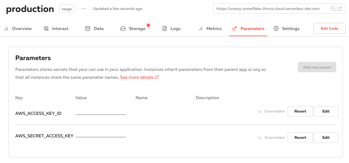 Instances can override specific parameters, keeping things like production secrets safe