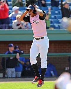 Xander Bogaerts couldn't believe what he just saw...His reaction to Matt Spring's walk-off grand slam on Saturday. (photo by Kelly O'Connor of Sitting Still Photography).