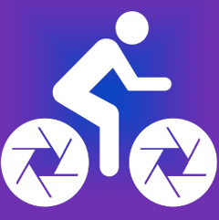 This image is Dashcam’s Logo which is a white white 2-d icon of a bicyclist in front of a blue background with a purple hue on the outer edges