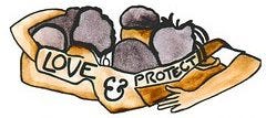 drawn and painted picture of five people group hugging with heads down and almost touching each other. Words Love & Protect appear wrapped around them