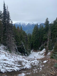 Background is a line of ridge tops even with the middle of the picture. There are about three shown in a line even with each other with snowy tops that reach about 1/4 of the way down the mountain. The picture is looking down a valley with brown dirt and patches of snow no more than an inch deep. There are trees on either side of the photo in the middle ground, stately firs that reach taller than the mountains on either edge