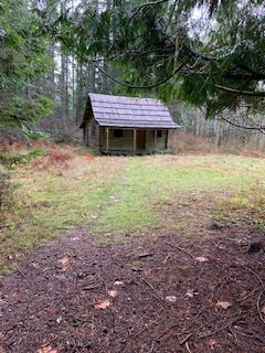 This is a small backcountry cabin made of rough hewn wood, probably cedar. There is a simple sloped shingle roof and small porch about 3 feet long with posts connecting the porch to the roof. The cabin is weathered, but not falling down. Foreground is a small lightly worn footpath and shows the leaf litter and pine needles typical of this region. The cabin is in a meadow; you can see the grass is cut very short from grazers, mostly elk.