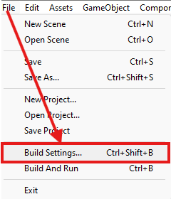 Screenshot of Unity File menu with Build Settings highlighted.