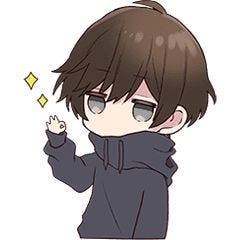 chibi boy with a thumb and index finger making a circle, sparkles on the side
