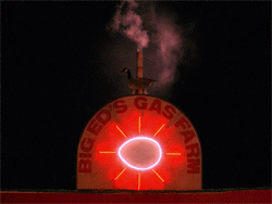 Smoke rises from the Big Ed Gas Farm neon sign animated GIF