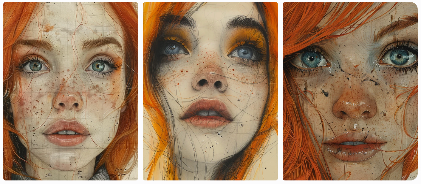 a drawing of a girl with red hair and blue eyes, simple line drawings, dark white and light orange, hand-drawn details, colorful ink wash paintings, playful lines, expressive faces, close-up, created with Midjourney AI generated image.