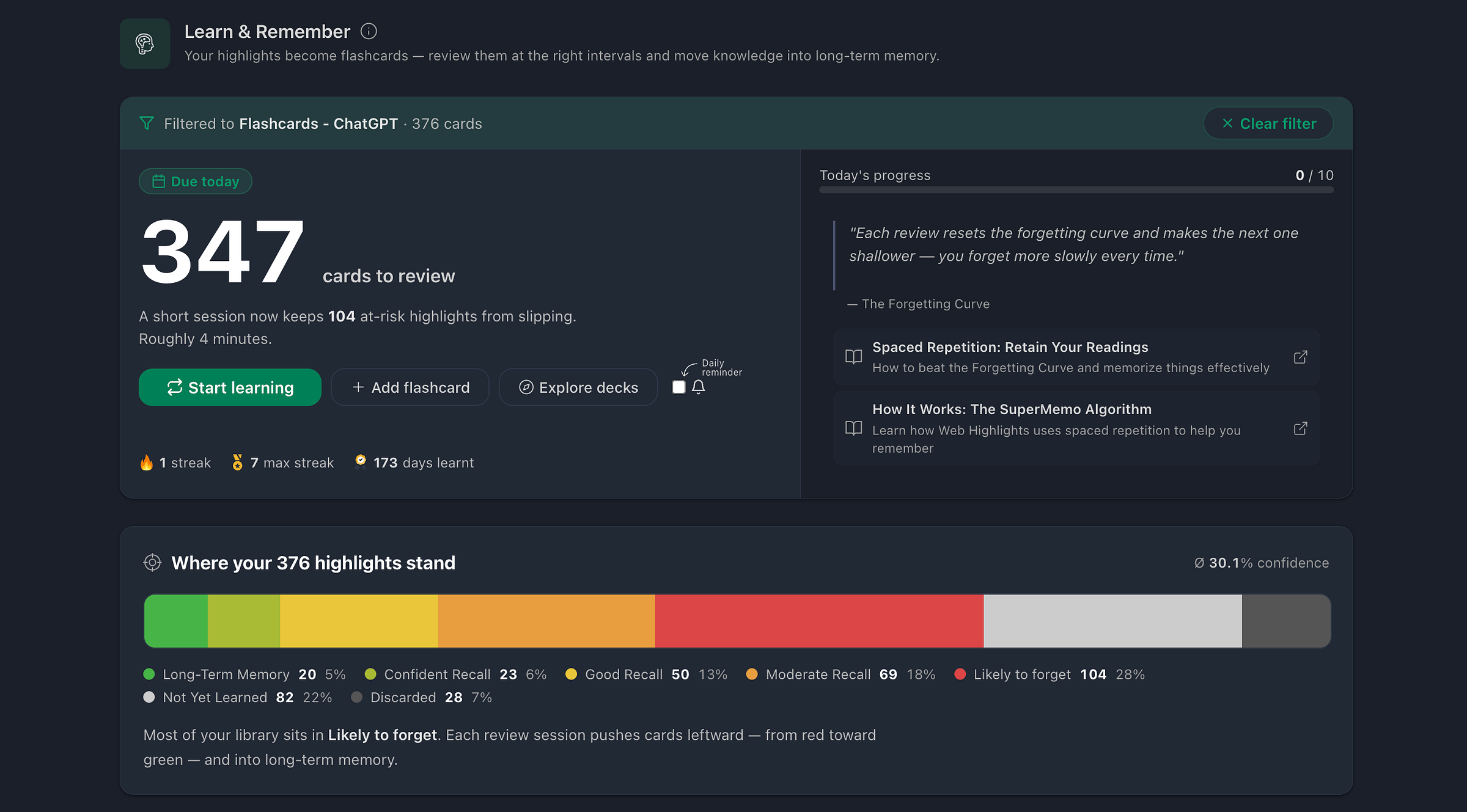 Web Highlights Learning Dashboard