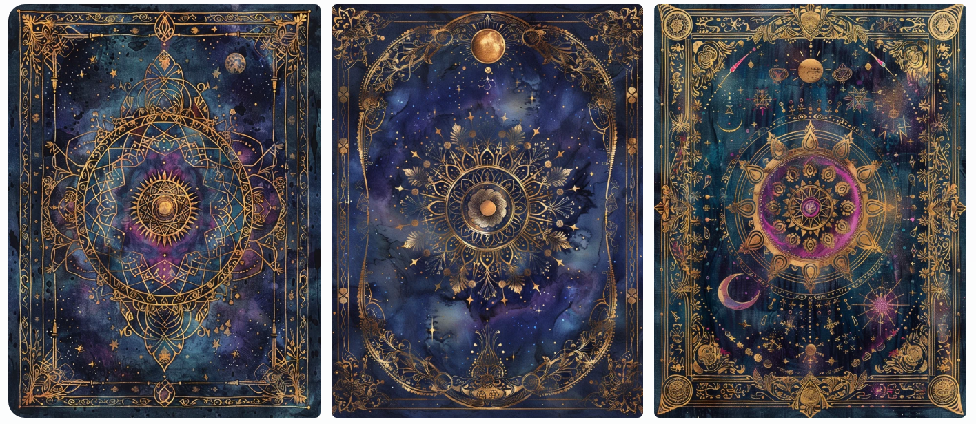 tarot card back, ornate, symmetrical frame with a central, mandala-like motif, surrounded by earthy, folk-inspired elements and celestial symbols, all in a palette of deep blues, purples, and metallic gold, AI generated image, created with Midjourney.