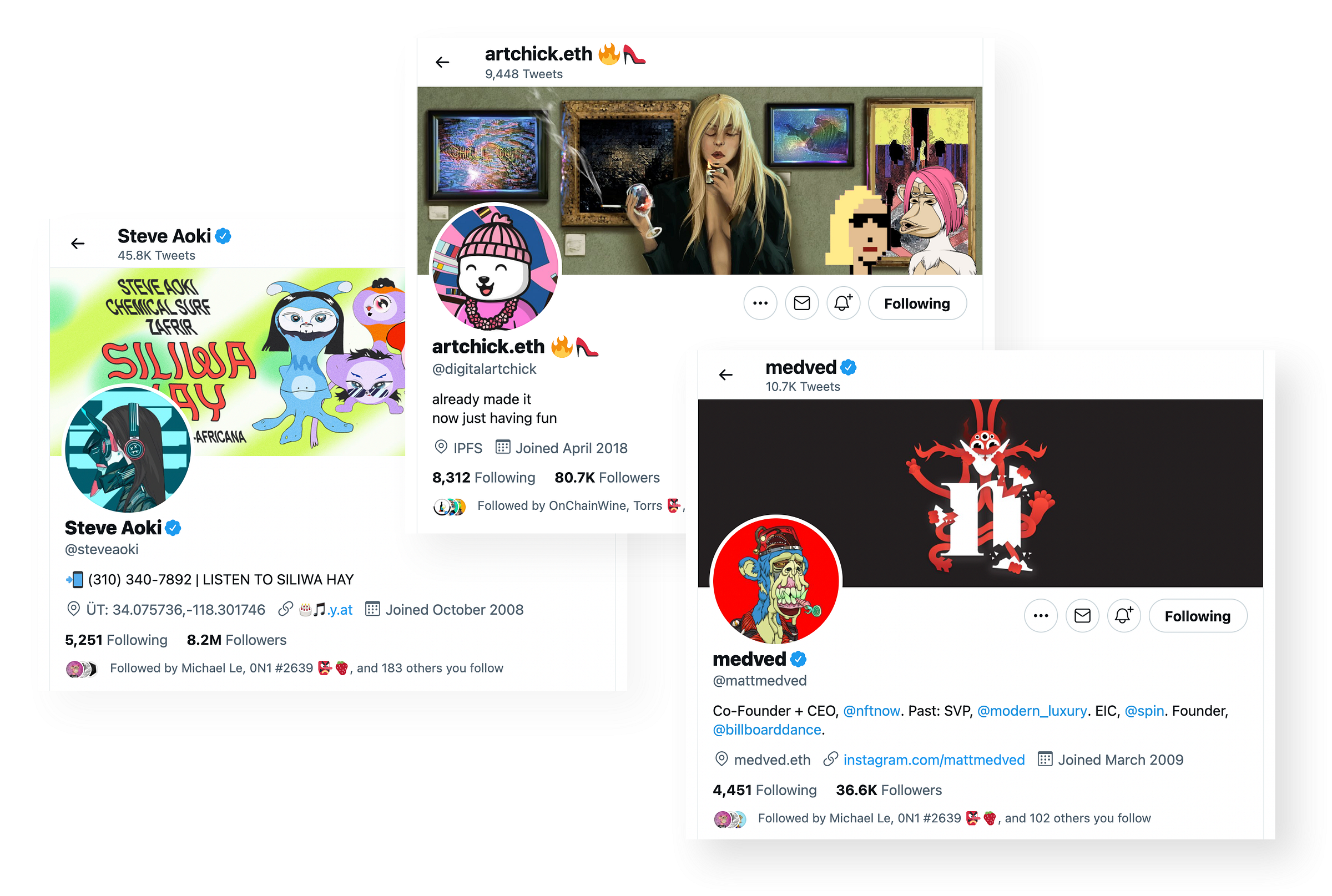Screenshots of 3 Twitter profiles with NFT avatars as their profile pictures.