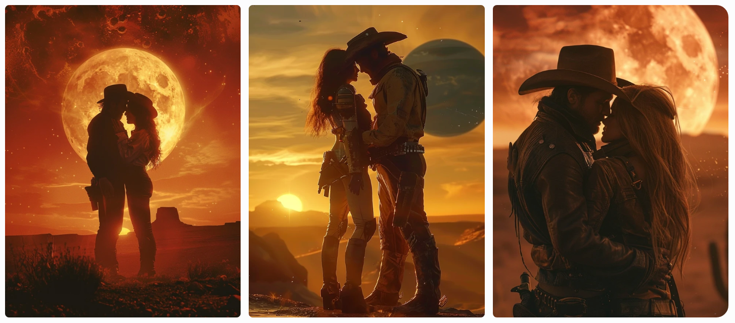 retro futuristic gorgeous cowgirl and cowboy, embracing, dusk lighting, dramatic, alien planet, AI generated image, created with Midjourney.