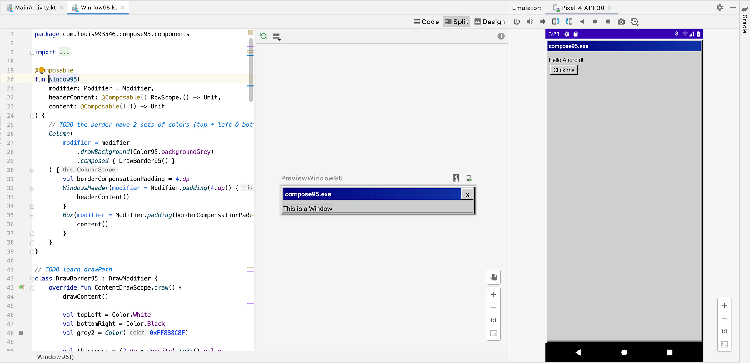 Screenshot of Android Studio, which has code of Window95, Preview of Window95, and an emulator showing what it looks like