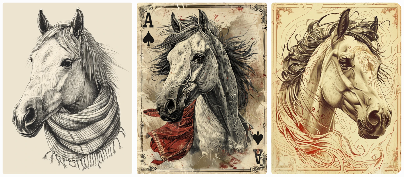 playing card design. A horse in a scarf, hand drawn, created with Midjourney AI generated image.