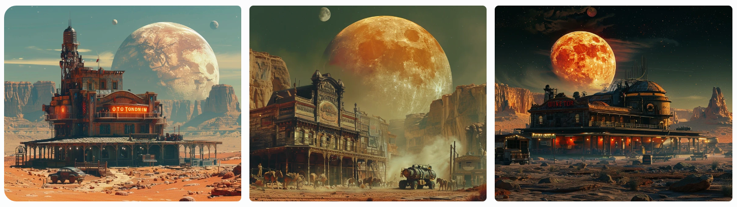 old Western saloon on a distant planet, cinematography movie screen grab, futuristic setting, AI generated image, created with Midjourney.