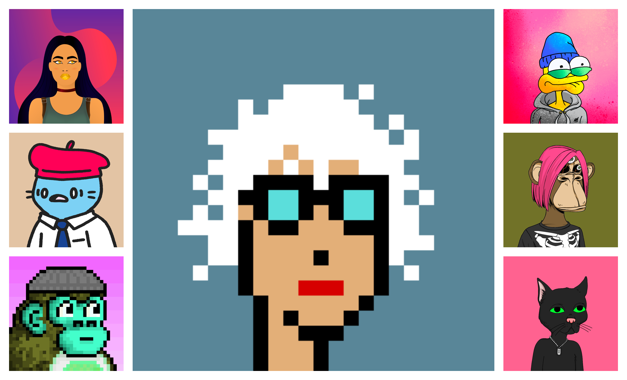 7 NFT avatars from the World of Women, Cool Cats, Cyberkongz, SupDucks, Bored Ape Yacht Club, Gutter Cat Gang, and CryptoPunks collections.