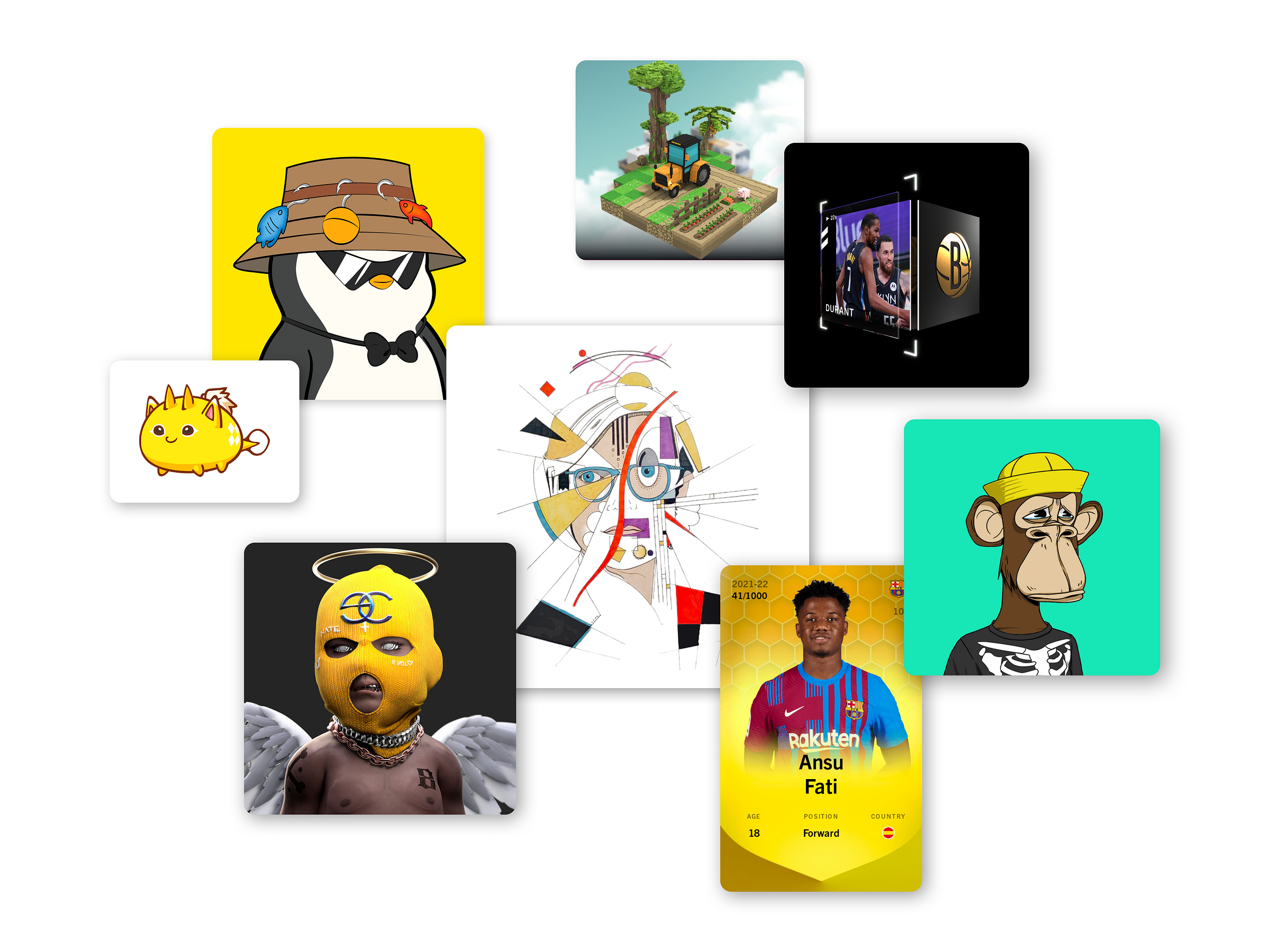 Various NFTs of different kinds, including a penguin and an ape avatar, an NBA highlight, a digital soccer card, and a piece of land from the metaverse.