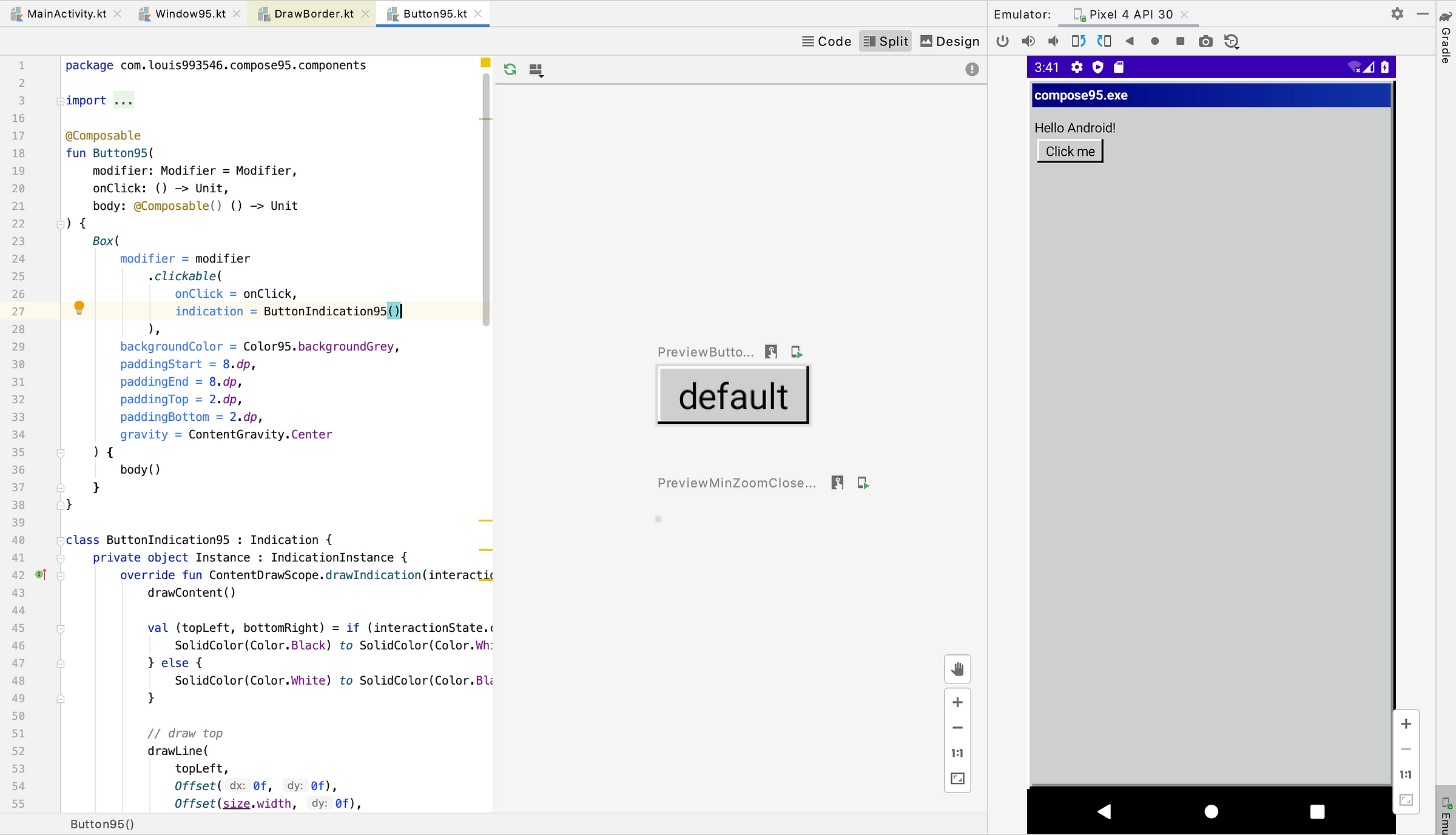 Screenshot of Android Studio, which has code of Button95, Preview of Button95, and an emulator showing what it looks like