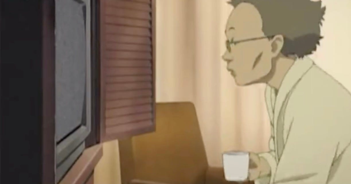 Black goo pours out of a television in Paranoia Agent (2006)